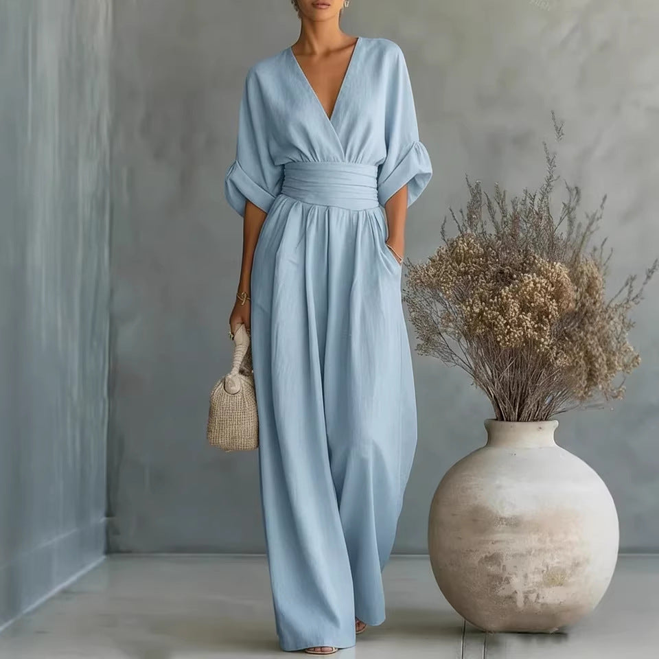 Elegant V-Neck Backless Dress with Flowing Sleeves