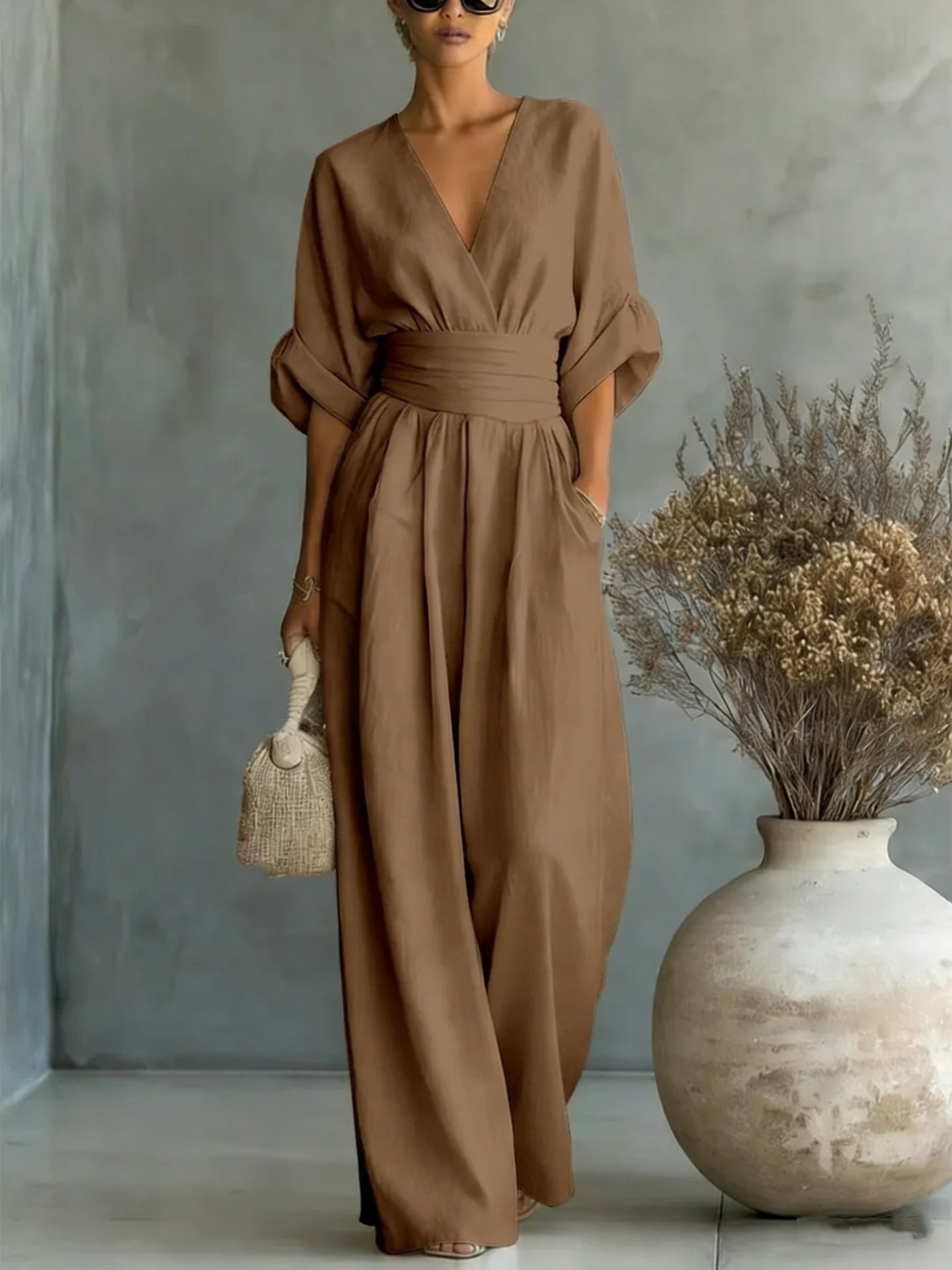 Elegant V-Neck Backless Dress with Flowing Sleeves