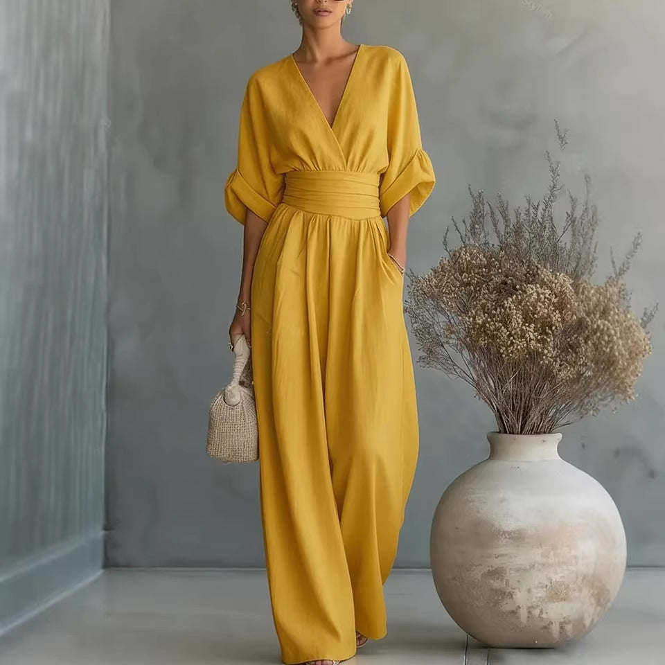 Elegant V-Neck Backless Dress with Flowing Sleeves