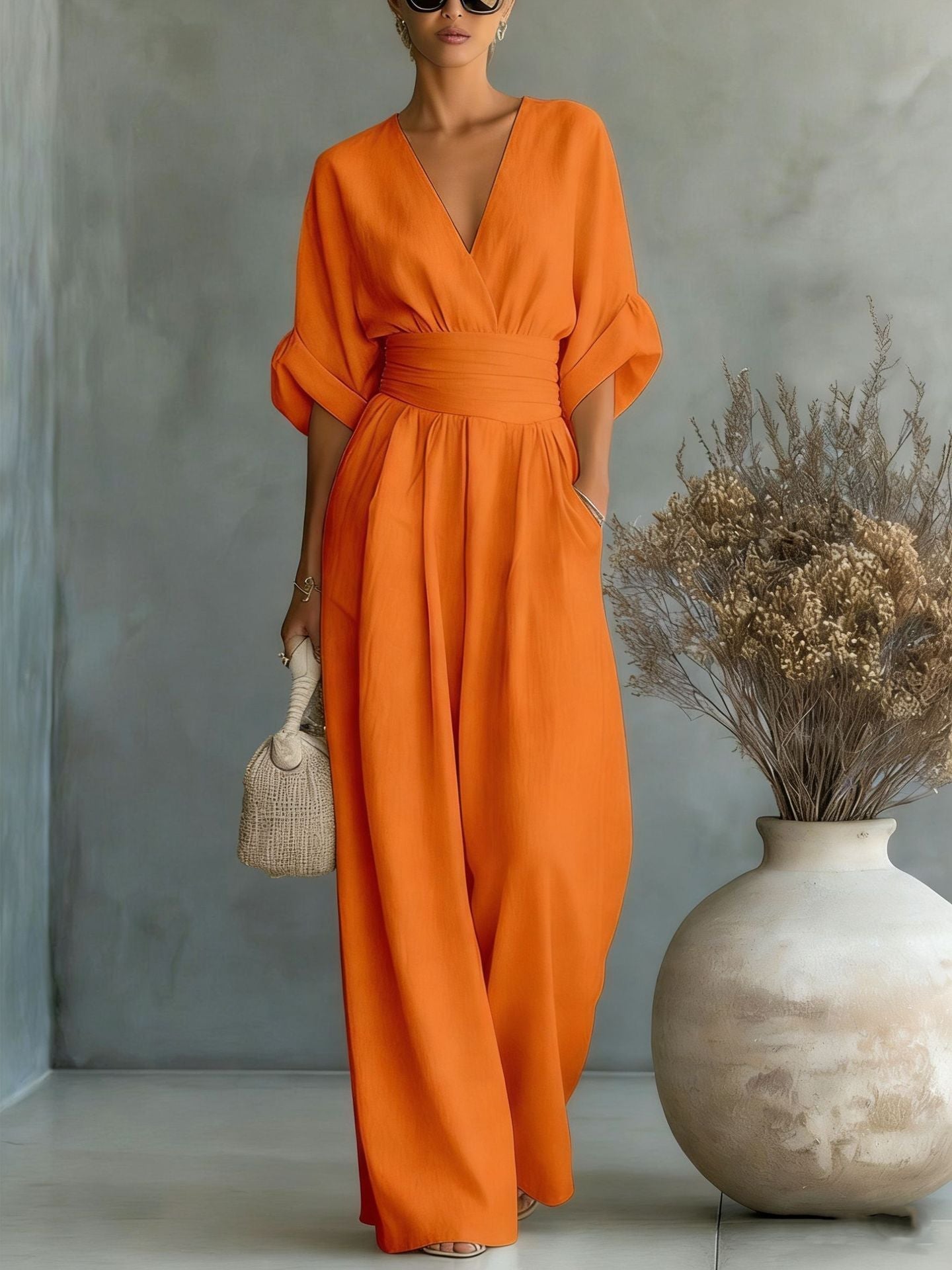 Elegant V-Neck Backless Dress with Flowing Sleeves