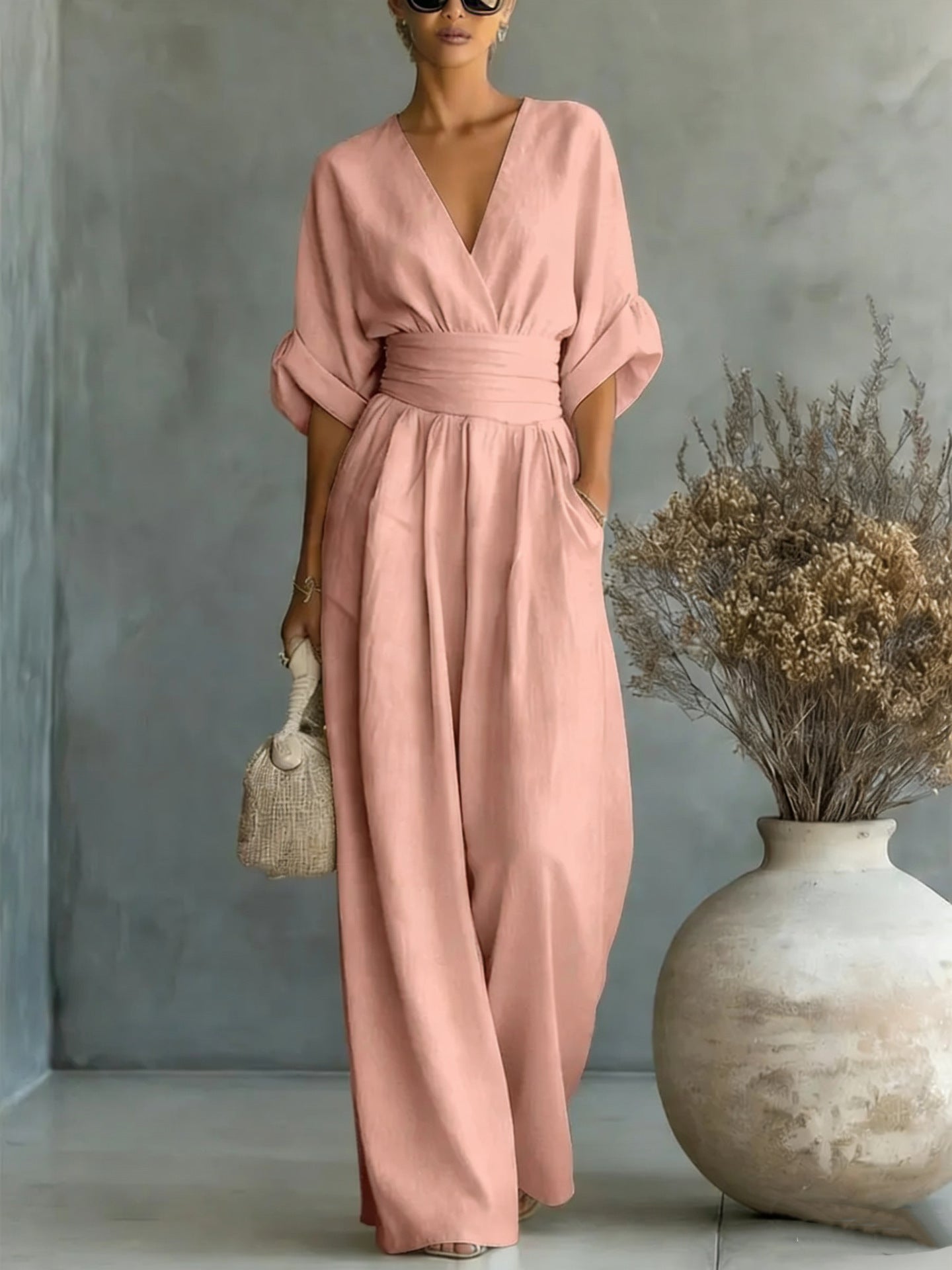 Elegant V-Neck Backless Dress with Flowing Sleeves