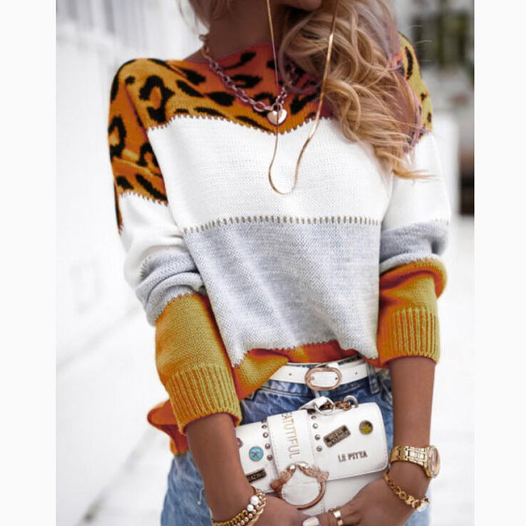 Sarena Leopard Color block Knit Sweater