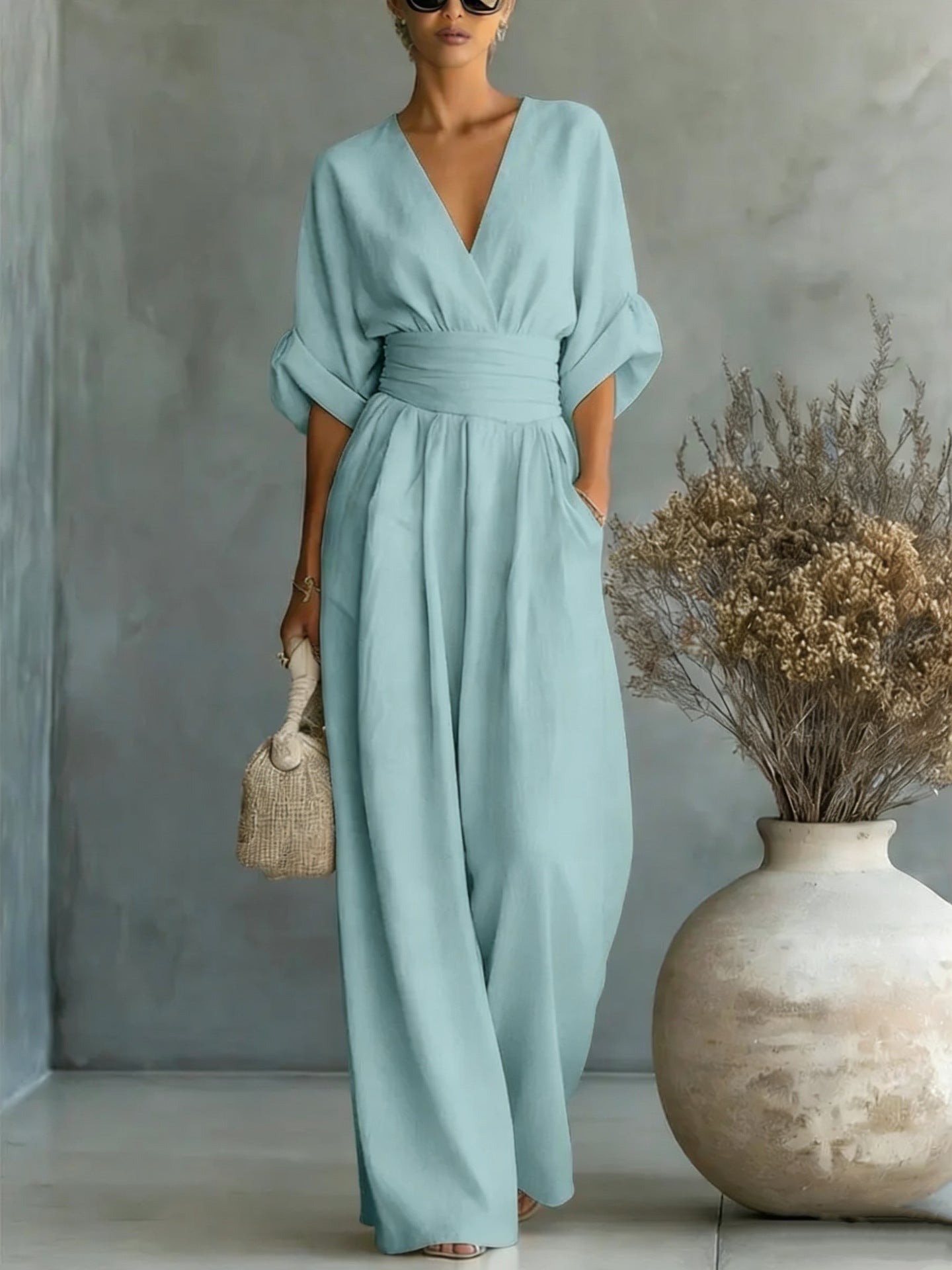 Elegant V-Neck Backless Dress with Flowing Sleeves
