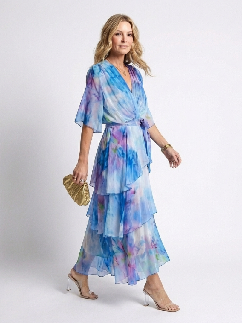 Calista | Sheer Maxi Dress with V-Neckline and Tie Belt
