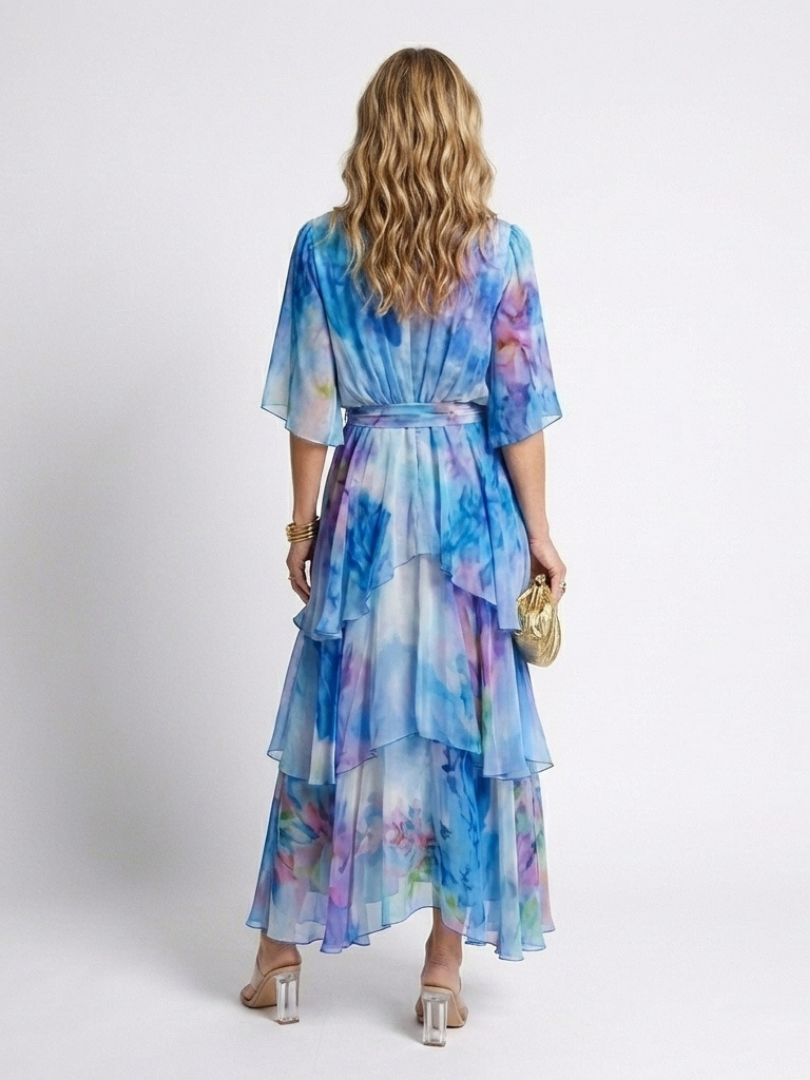 Calista | Sheer Maxi Dress with V-Neckline and Tie Belt