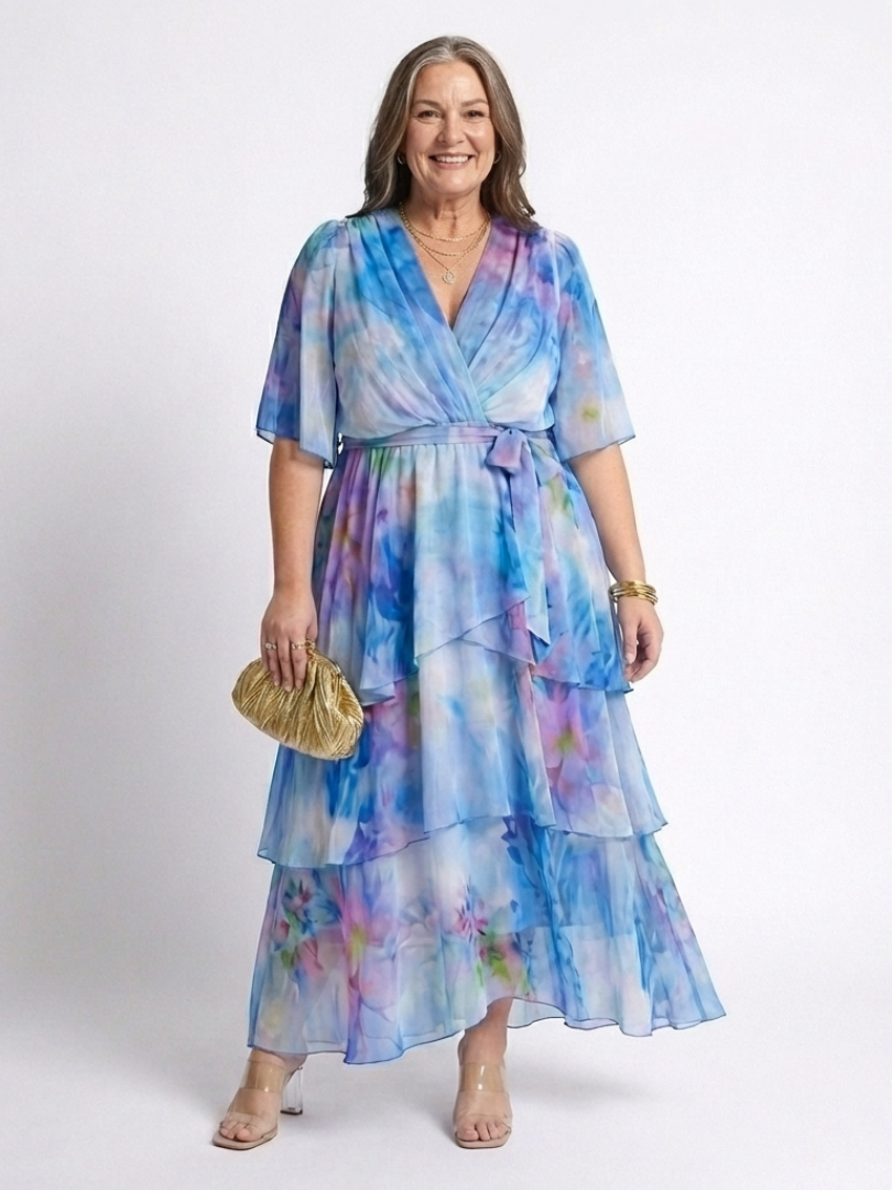 Calista | Sheer Maxi Dress with V-Neckline and Tie Belt