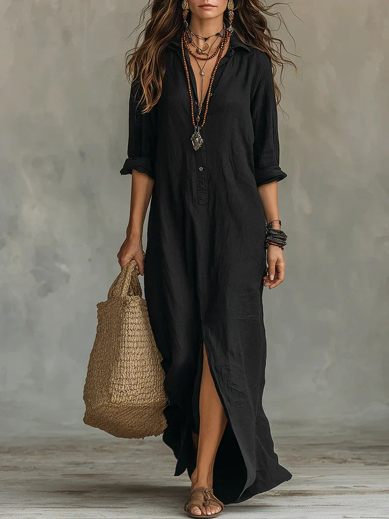 Céline™ | Black Oversized Button-Front Maxi Dress