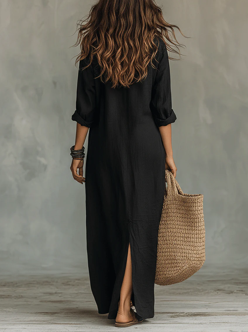 Soline | Black Flowy Long Dress with Buttons