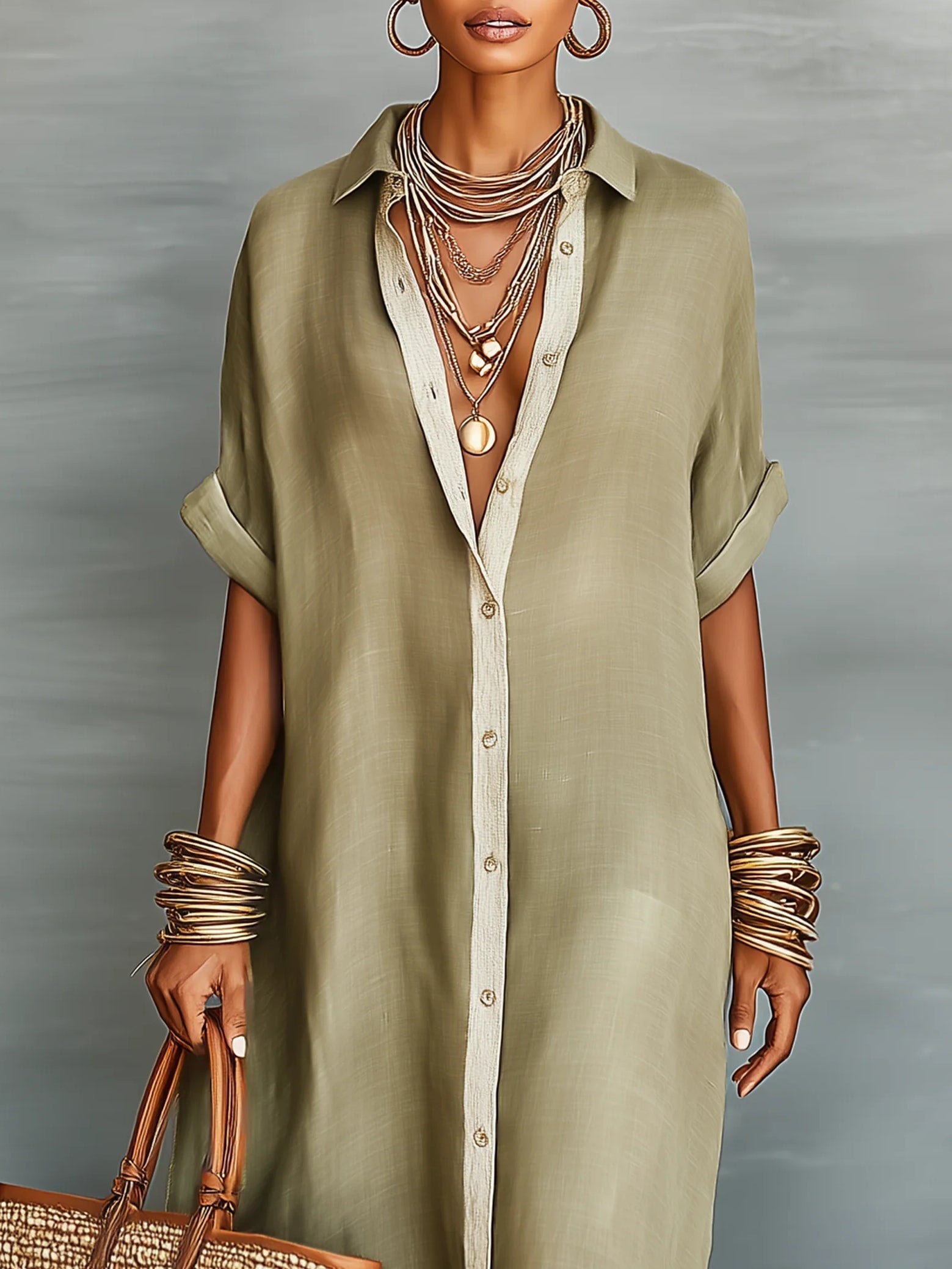 Manelle | Olive Green Long Dress with Minimalist Lines
