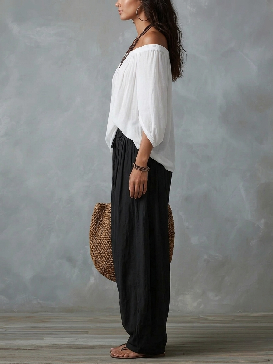 White Off-Shoulder Top and Lantern-Style Wide-Leg Pants Set