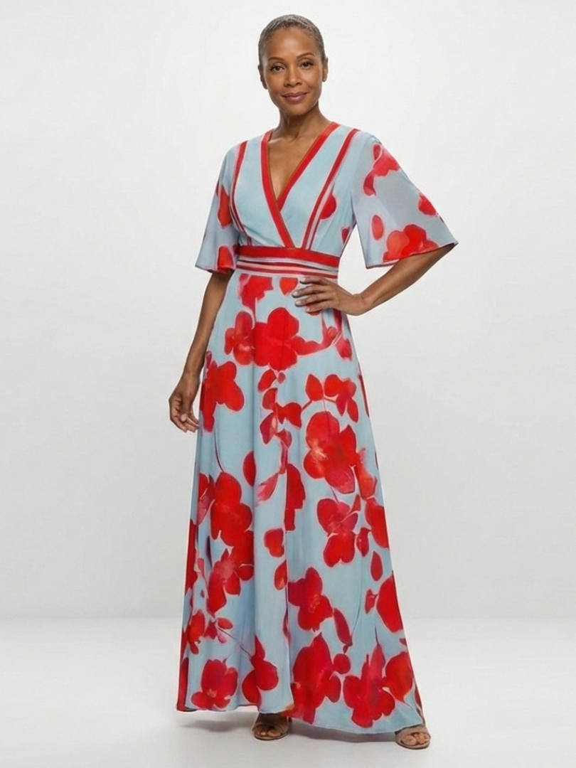 Corinne | Short Sleeve Floral Dress with V-Neckline
