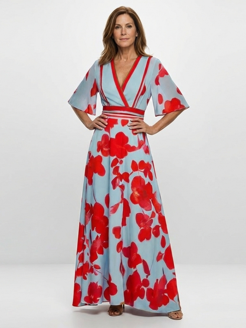 Corinne | Short Sleeve Floral Dress with V-Neckline