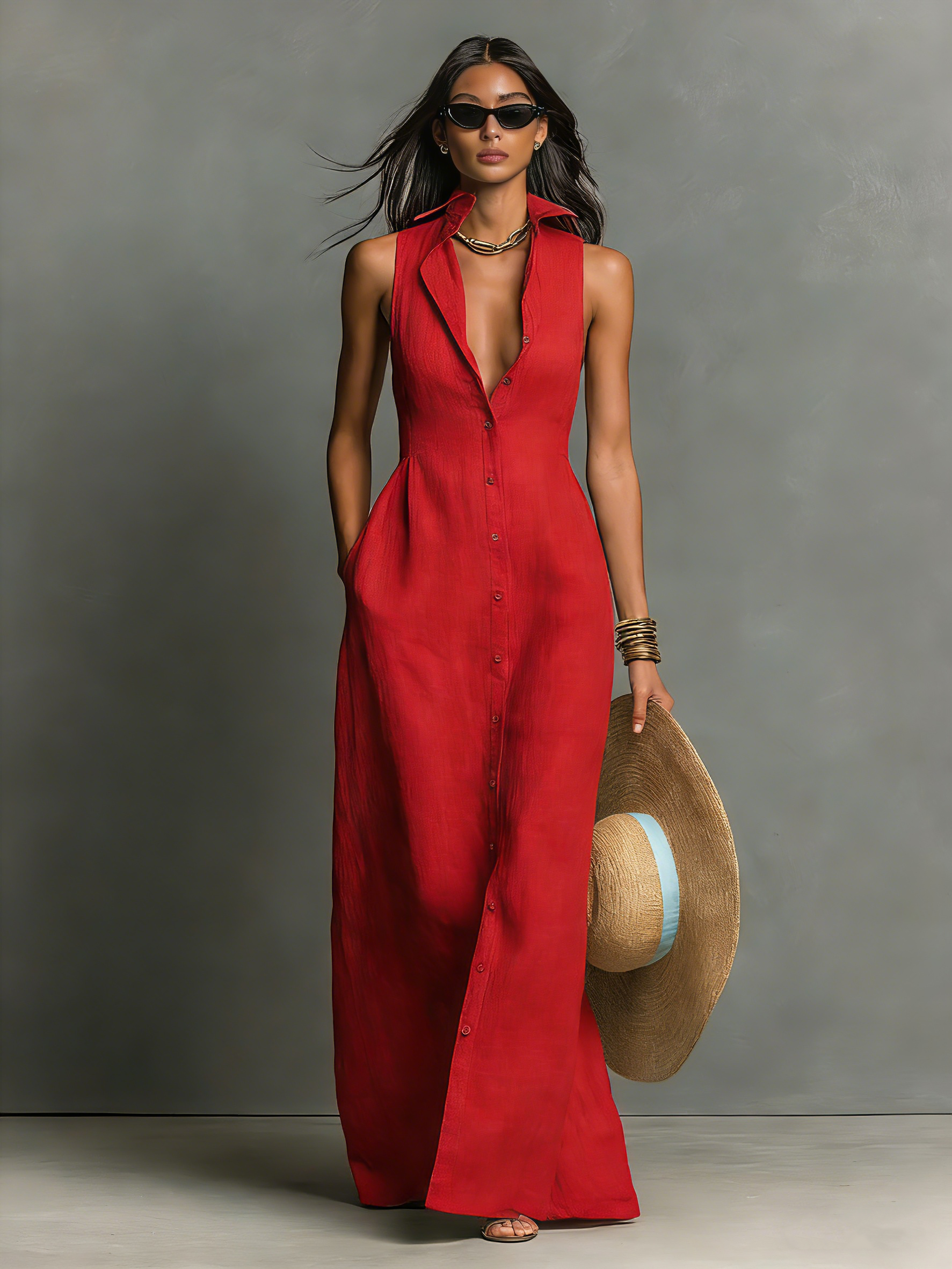 Women's Minimalist Blend Collared Single-Breasted Sleeveless Maxi Shirt Dress