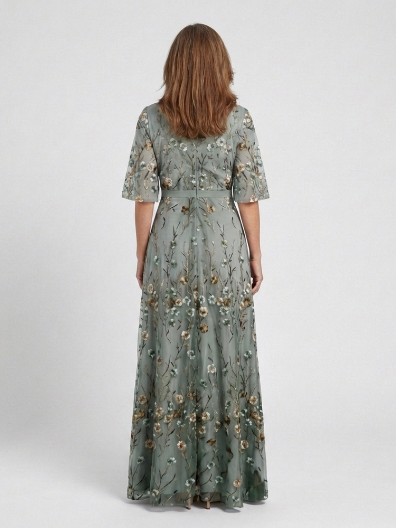 Evadne | Floral Maxi Dress with V-Neckline and Short Sleeves