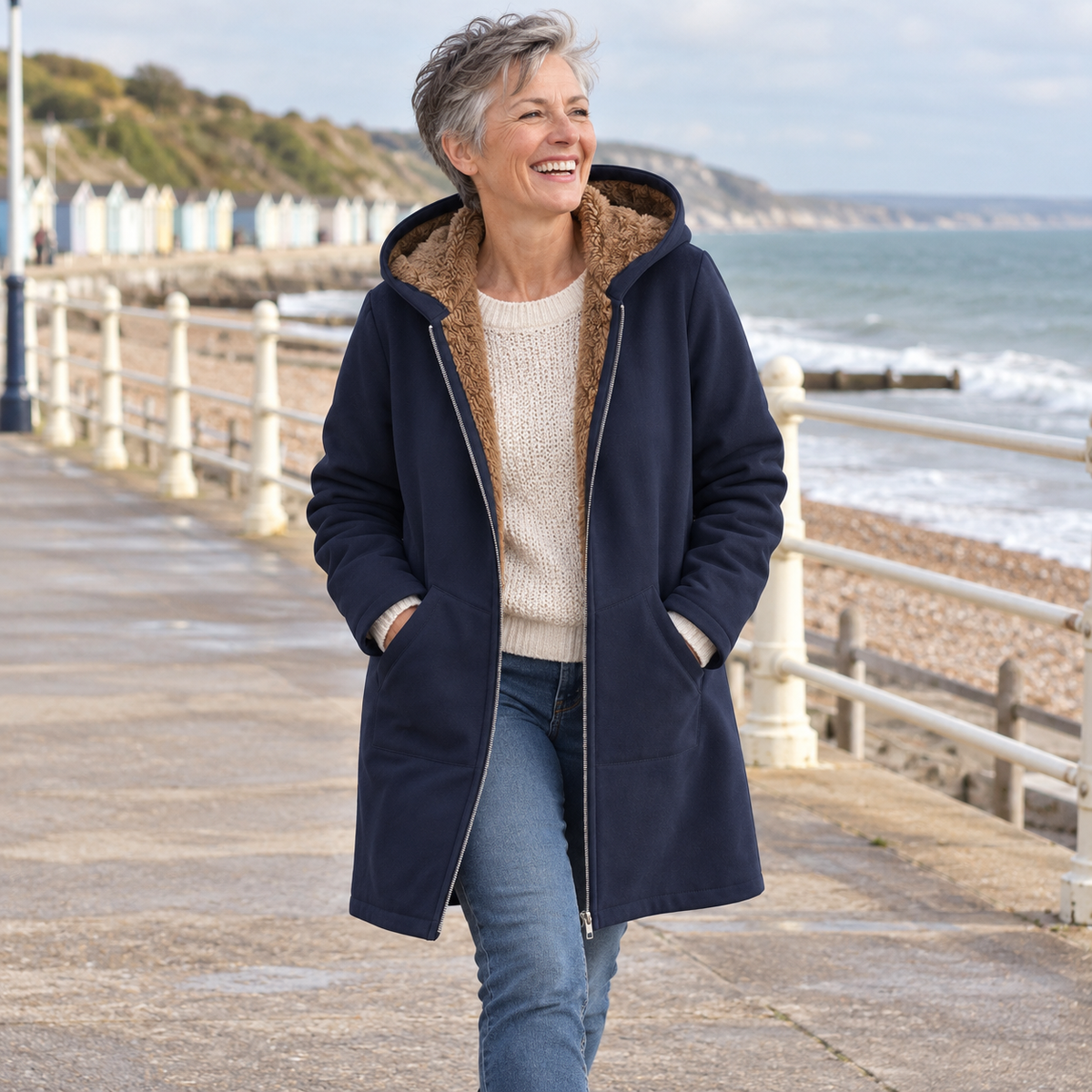 Woman wearing the Evelyn Plus Size Sherpa-Lined Hooded Winter Coat by the sea