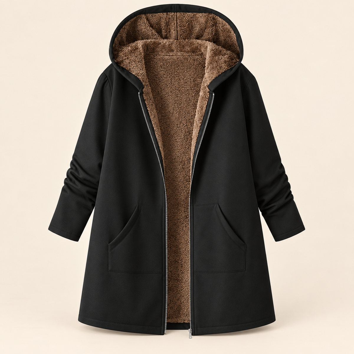 Evelyn Plus Size Sherpa-Lined Hooded Winter Coat in Black