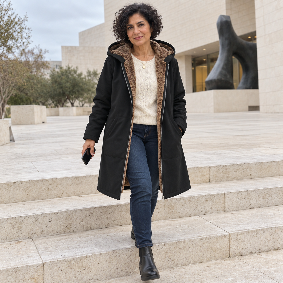 Woman wearing the Evelyn Plus Size Sherpa-Lined Hooded Winter Coat outdoors