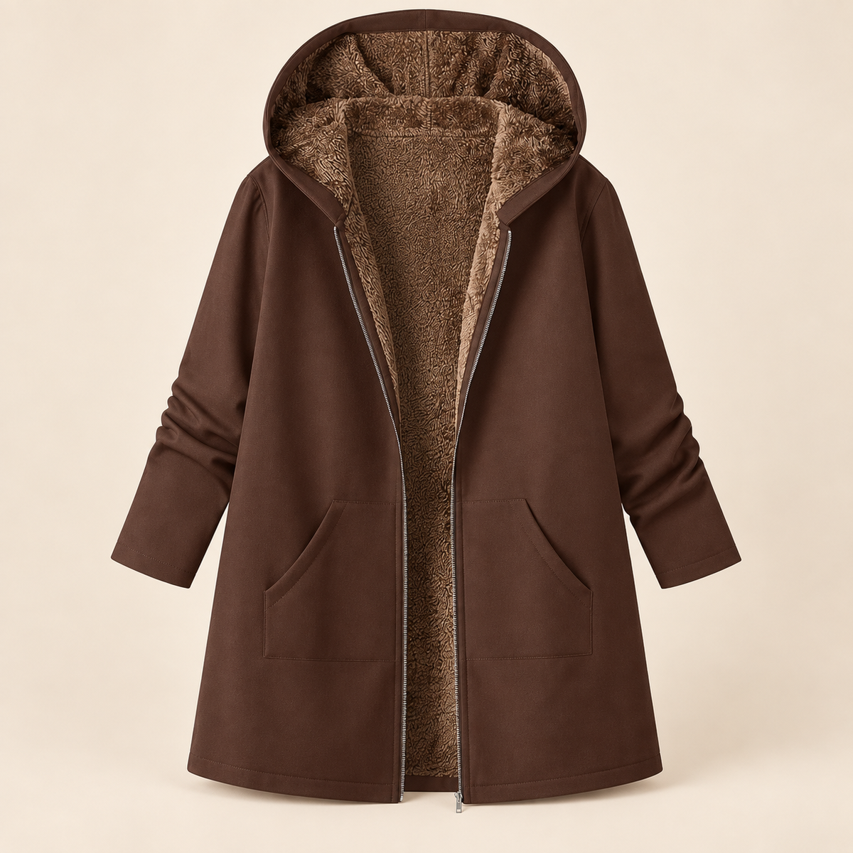 Evelyn Plus Size Sherpa-Lined Hooded Winter Coat in Coffee Brown