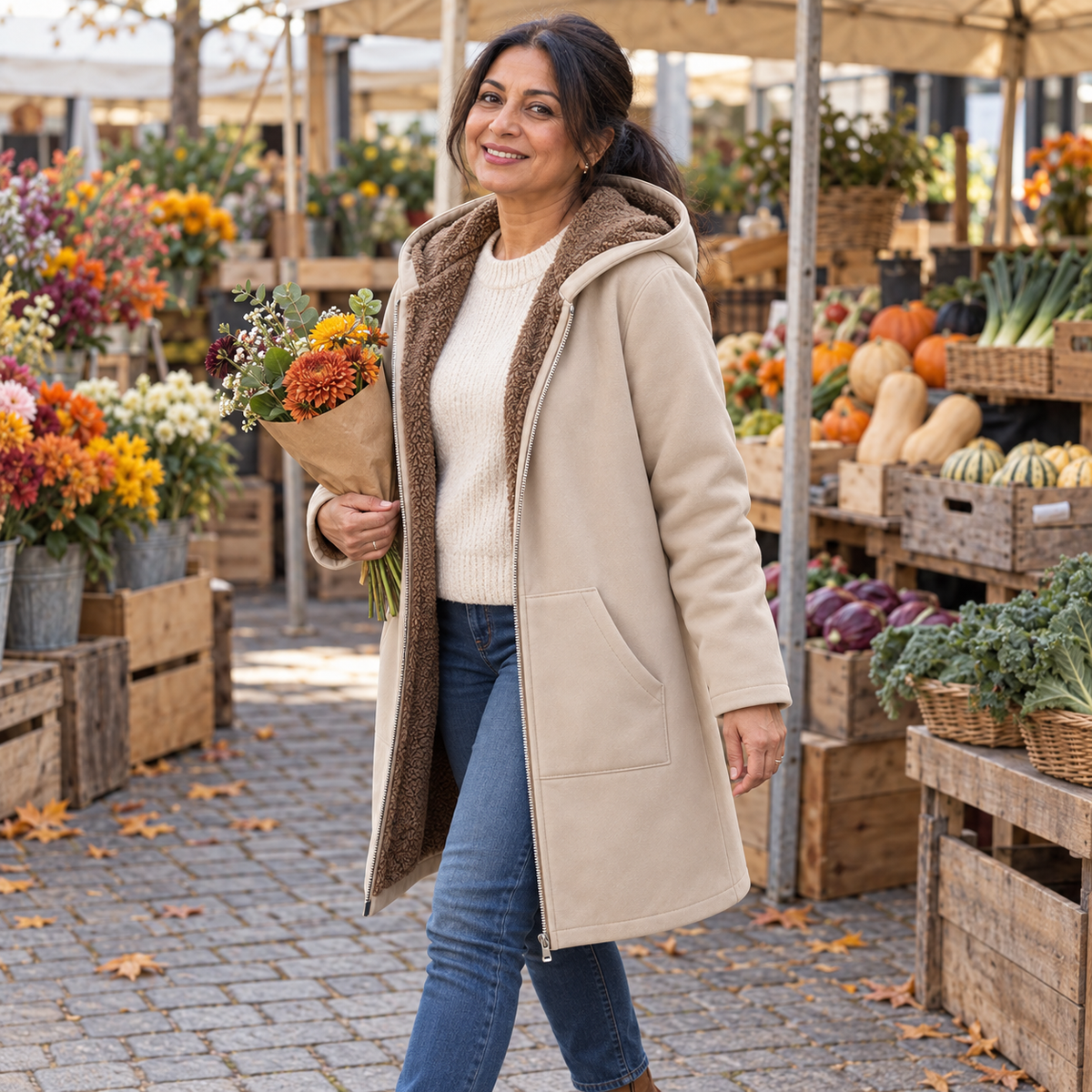 Woman wearing the Evelyn Plus Size Sherpa-Lined Hooded Winter Coat at a market