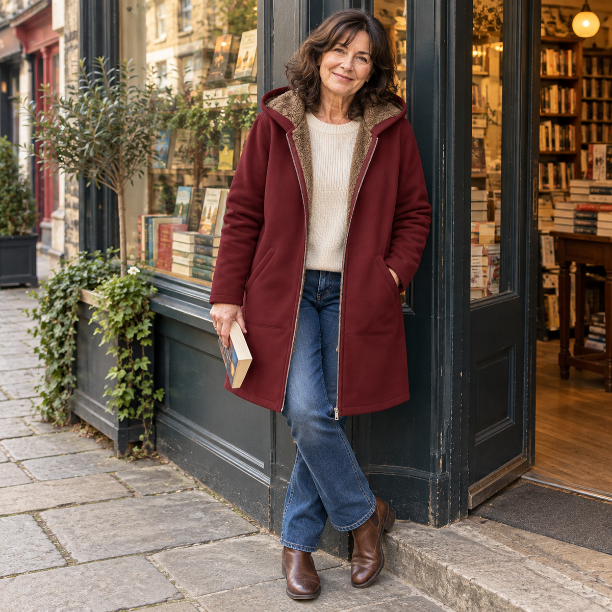 Woman wearing the Evelyn Plus Size Sherpa-Lined Hooded Winter Coat at a bookstore