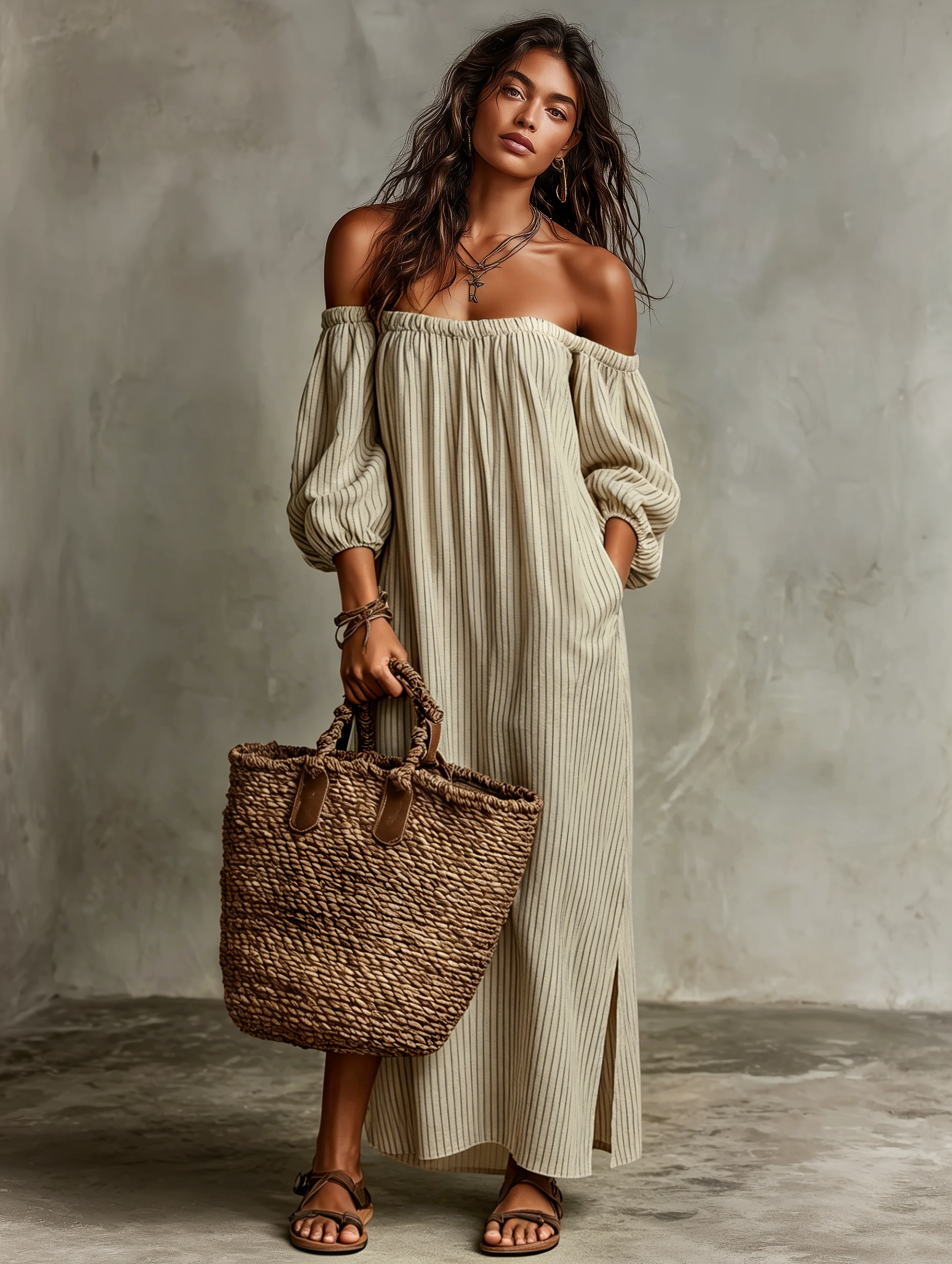 Women's Vacation Cotton Blend Off-shoulder Long-sleeved Maxi Dress MDZ0481B5Y