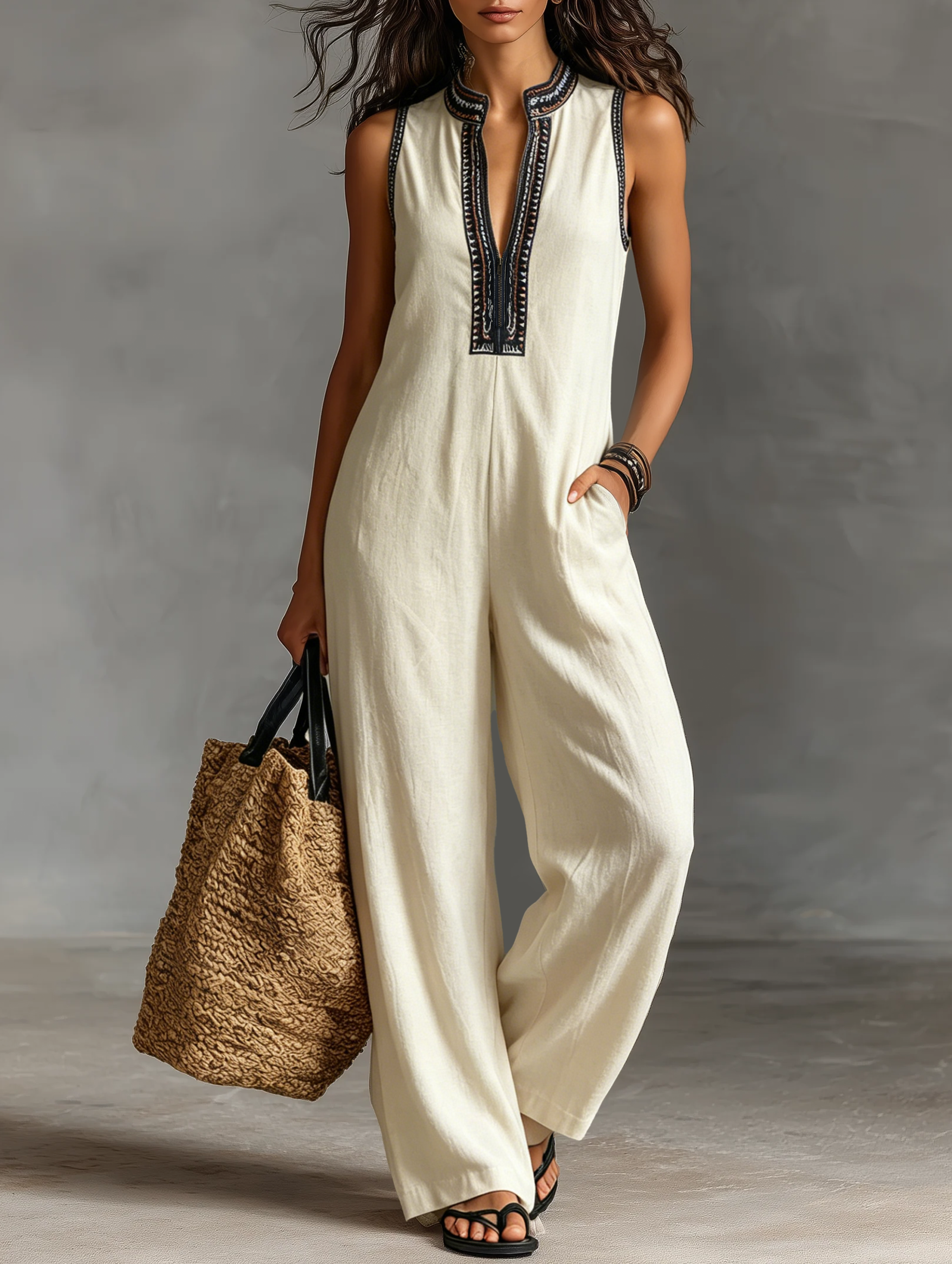 Women's Minimalist Blend Sleeveless Jumpsuit With Zipper And Stand Collar, Featuring Embroidery MDZ0627B3Y