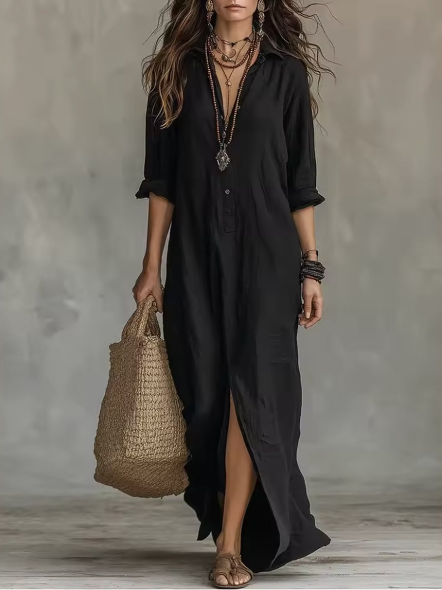 Soline | Black Flowy Long Dress with Buttons