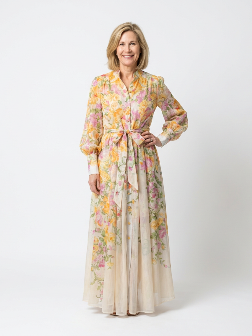 Cressida | Sheer Floral Maxi Dress with Long Sleeves