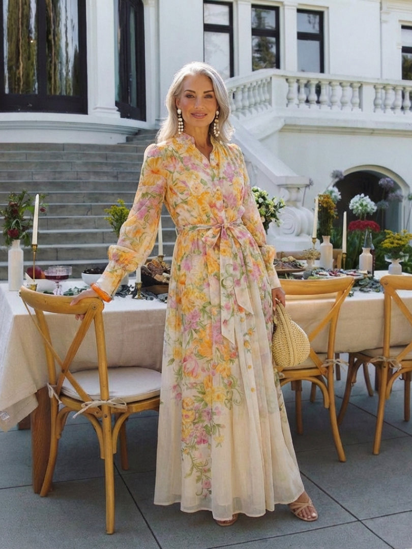 Cressida | Sheer Floral Maxi Dress with Long Sleeves