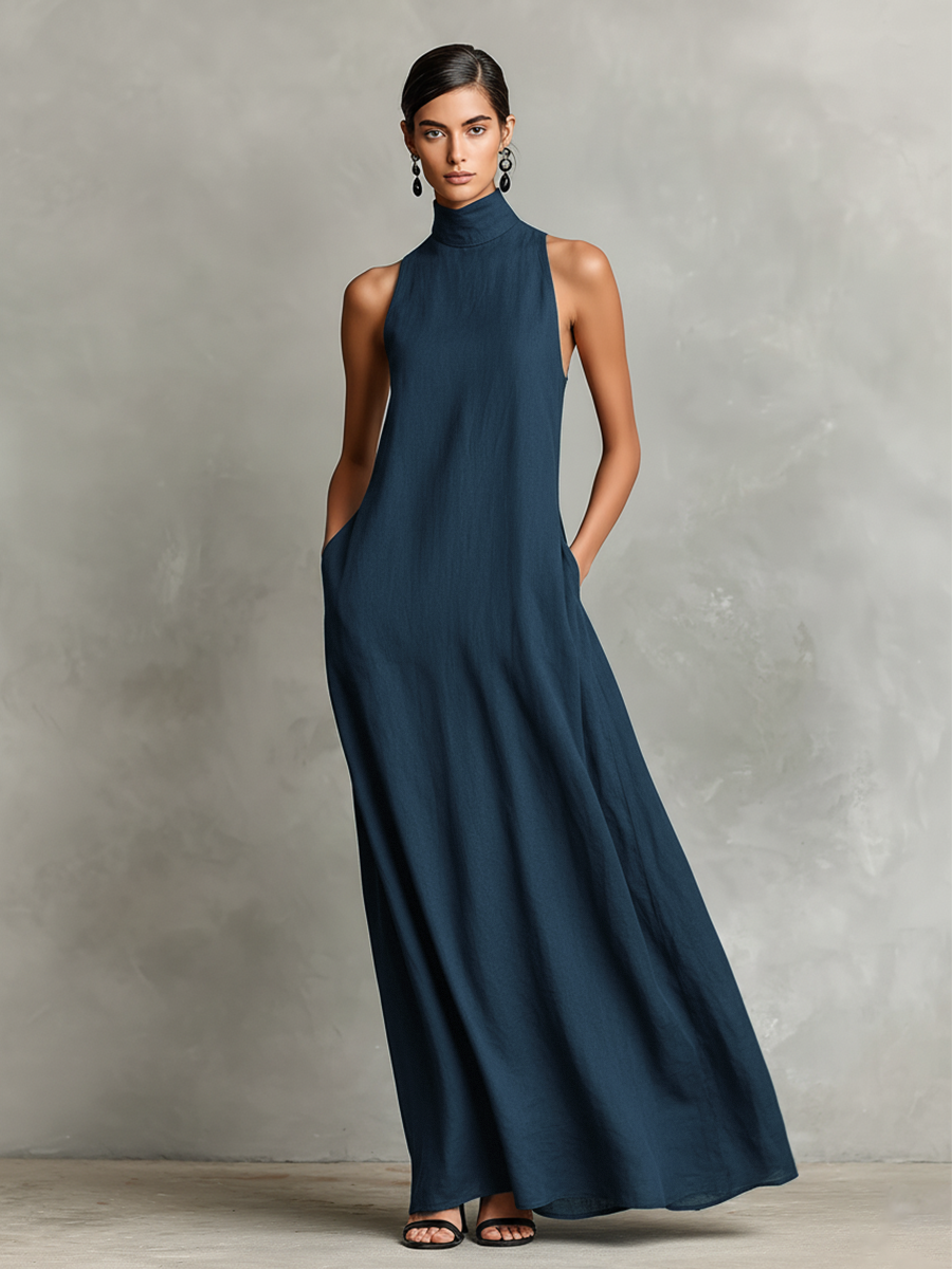 Women's Black Blend Maxi Dress With High Neck & Side Pockets, Timeless Minimalist Casual Dress