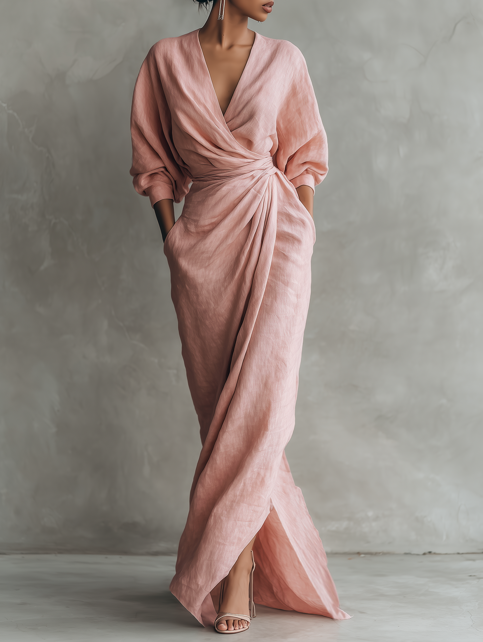 Women's Pink Minimalist V-neck Blend Maxi Dress MDA1655L0Y