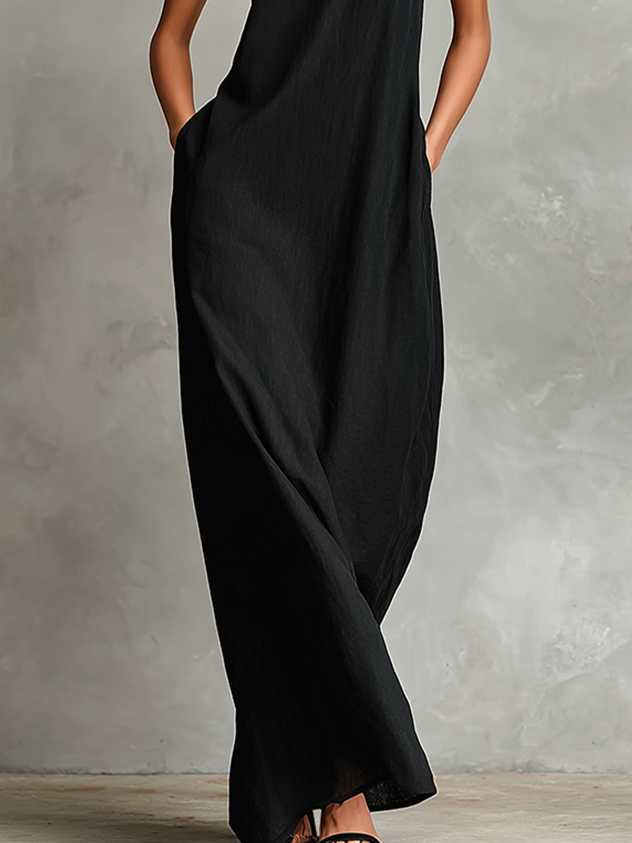 Women's Black Blend Maxi Dress With High Neck & Side Pockets, Timeless Minimalist Casual Dress