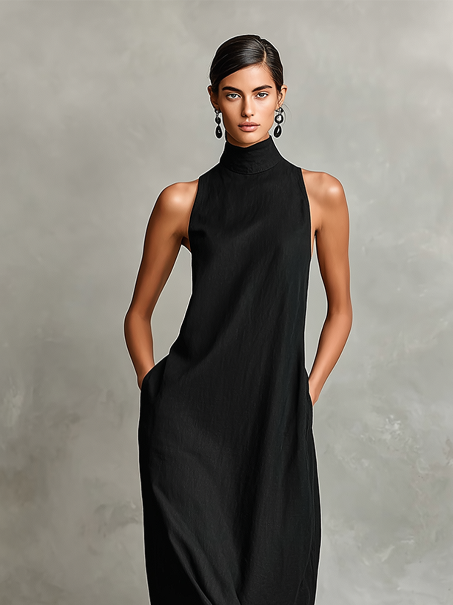 Women's Black Blend Maxi Dress With High Neck & Side Pockets, Timeless Minimalist Casual Dress