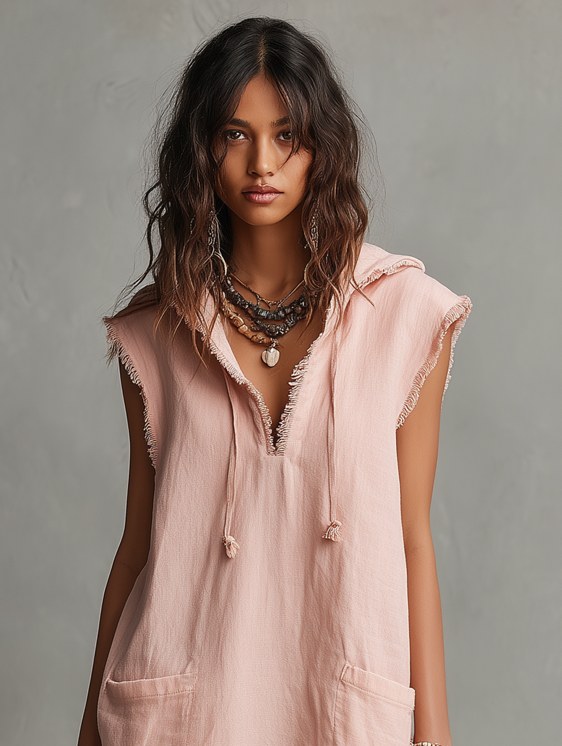 Women's Minimalist Blend Mini Dress — Hooded, Sleeveless, Raw Hem MDZ2961D3Y
