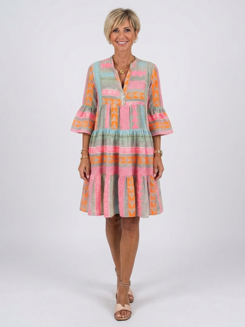 Maelle | V-Neck Geometric Print Dress, Knee Length