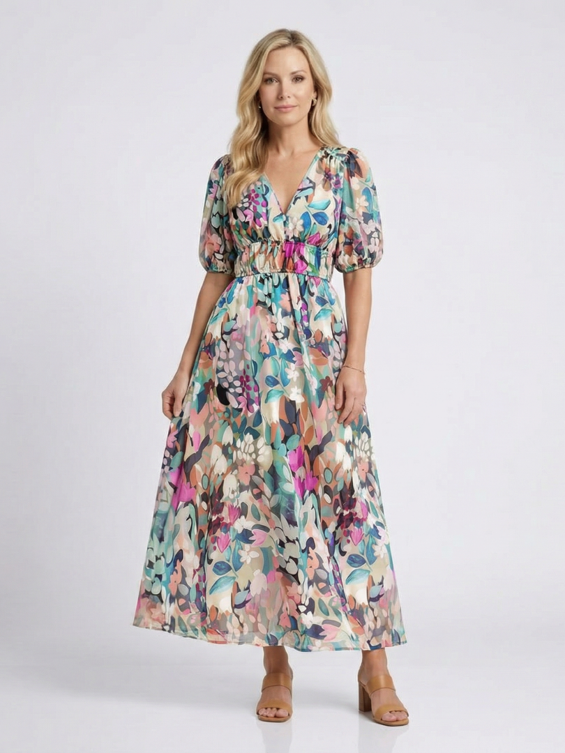 Eulalie | V-Neck Midi Dress with Short Sleeves and Gathered Waist