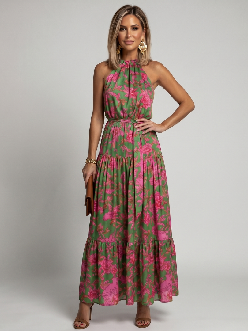 Pink Draped Midi Dress with Elegant Halter Neckline