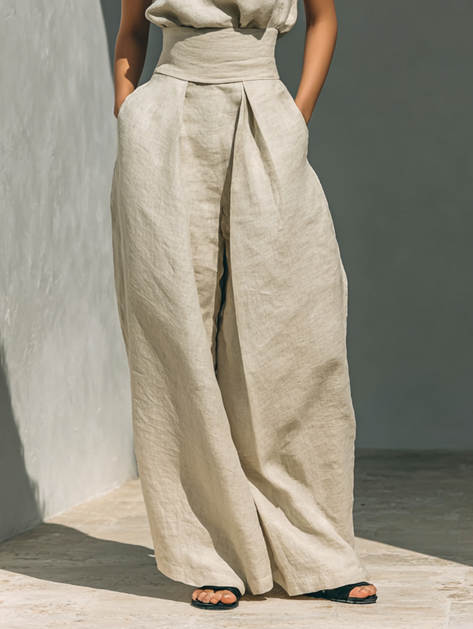 Women's Minimalist Cotton Blend Sleeveless Blouse And Wide-leg Pants Set MDZ0873A5Y