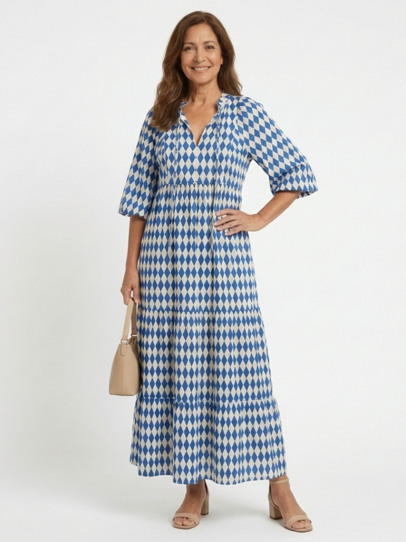 Elodie | Diamond Print Dress with Ruffle Skirt