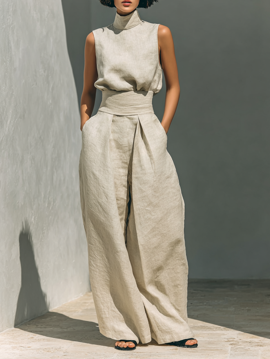 Women's Minimalist Cotton Blend Sleeveless Blouse And Wide-leg Pants Set MDZ0873A5Y