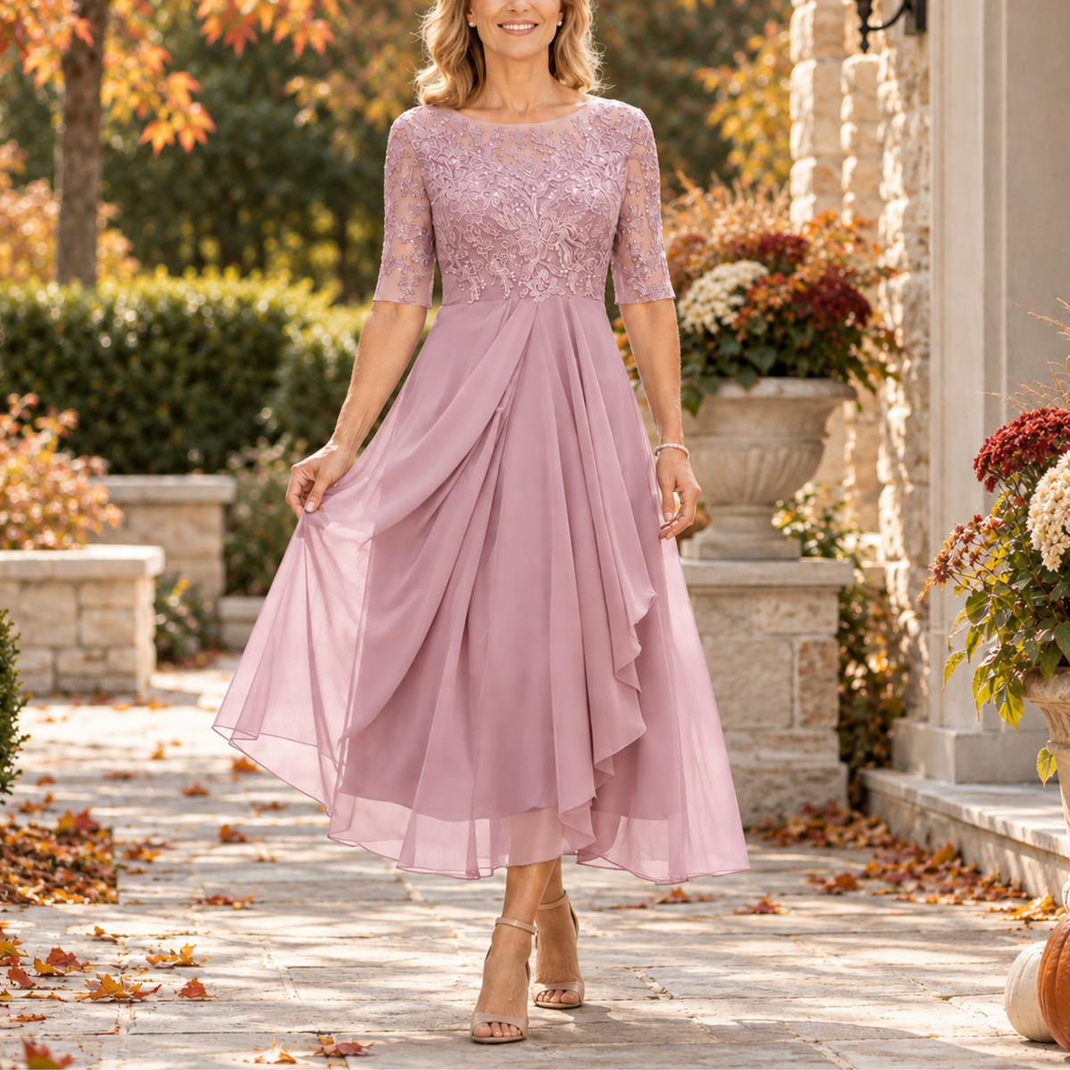 Serena - Lace Bodice Draped Midi Dress
