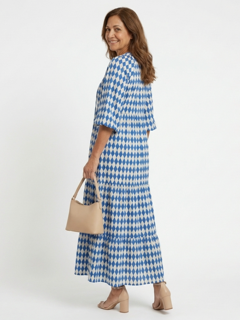 Elodie | Diamond Print Dress with Ruffle Skirt