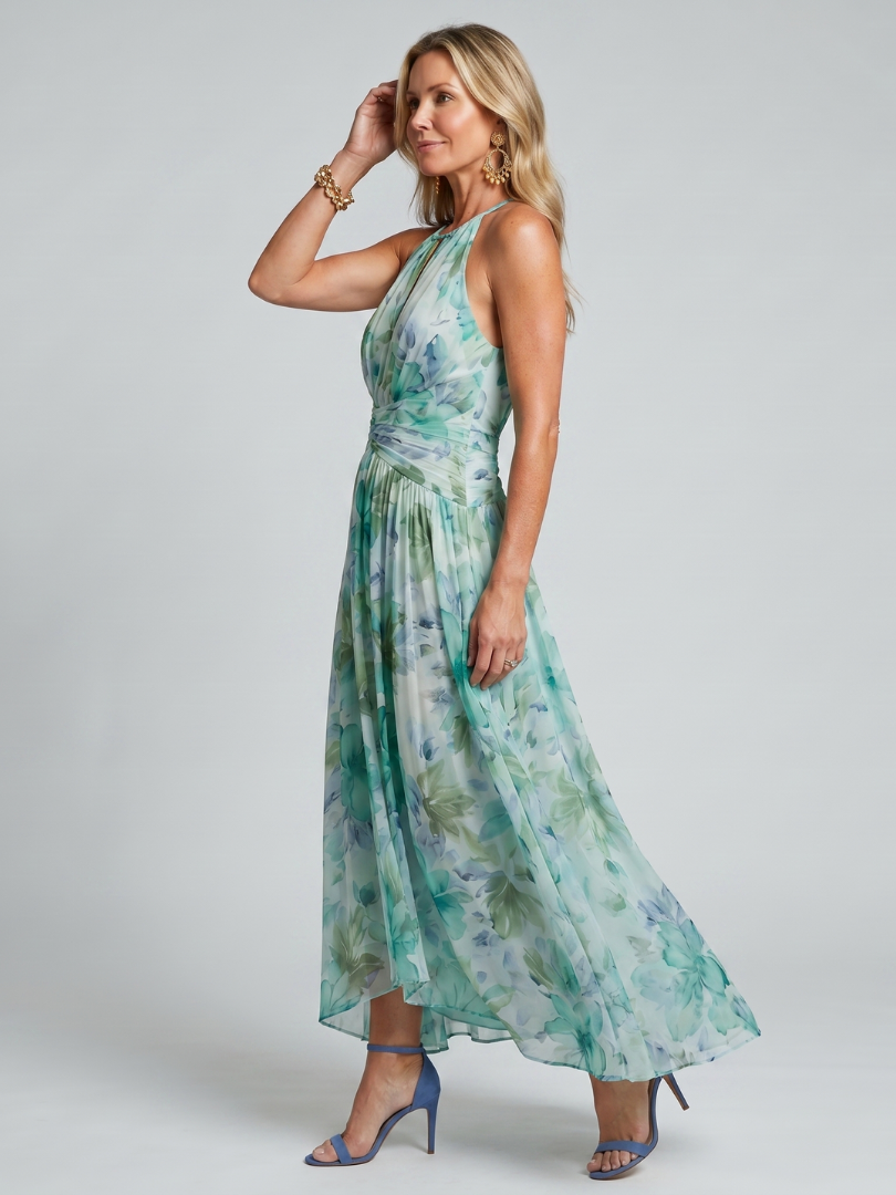 Portia Midi Dress in Pleated Crepe with Halter Neckline and Floral Print