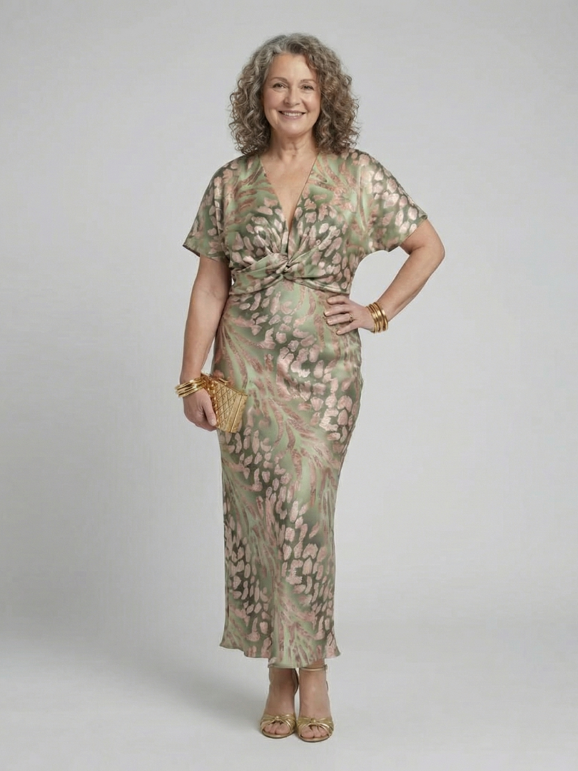 Coralie | Abstract Print Midi Dress with V-Neckline and Fitted Waist