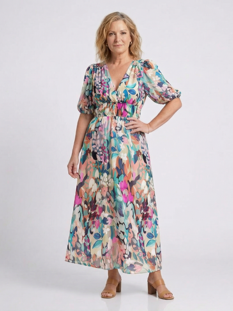 Eulalie | V-Neck Midi Dress with Short Sleeves and Gathered Waist