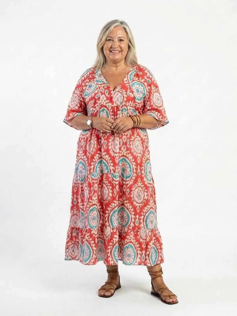 Zaria | Paisley Print Midi Dress with V-Neckline and Short Sleeves
