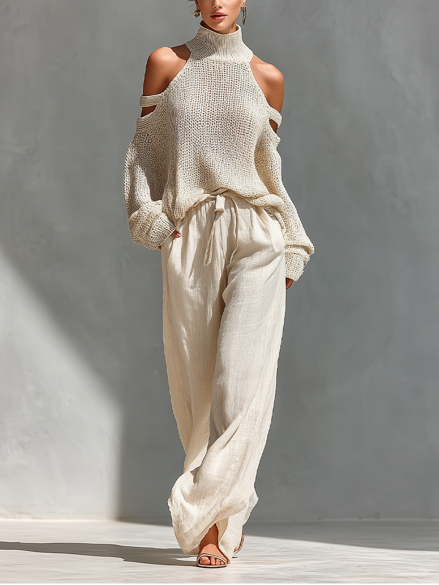 Women's Beige Knit Fabric Cold-Shoulder Turtleneck Top & Wide-Leg Pants Set MDZ0984A5T