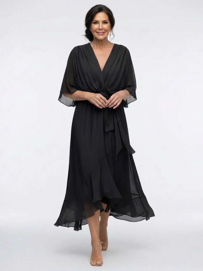 Elysia | Draped Midi Dress with V-Neckline and Waist Belt