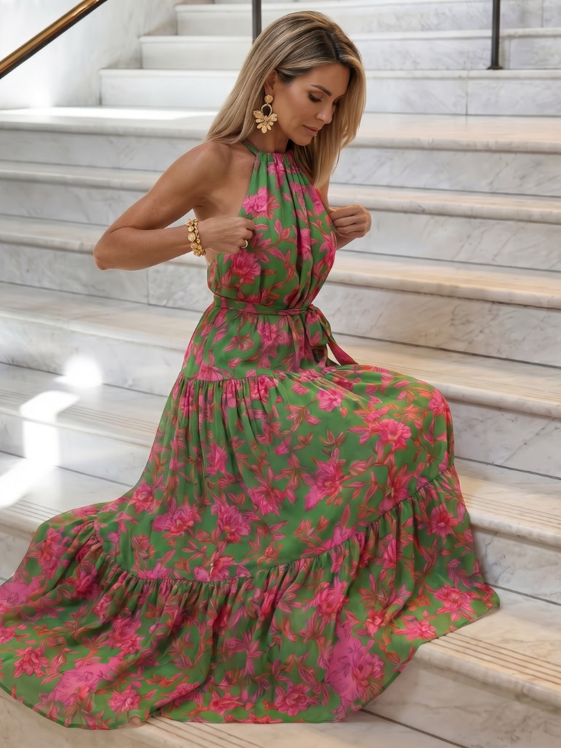 Pink Draped Midi Dress with Elegant Halter Neckline