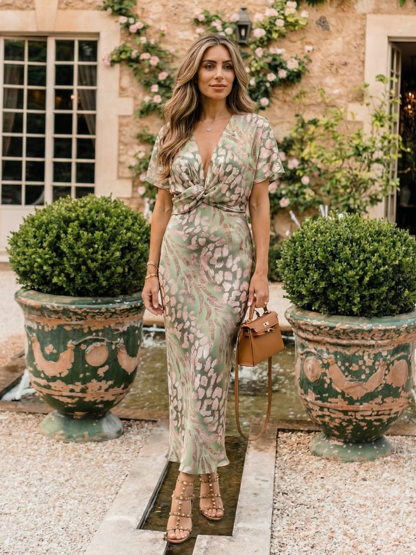 Coralie | Abstract Print Midi Dress with V-Neckline and Fitted Waist